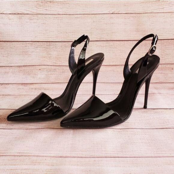 SCHUTZ Patent Leather Slingback Pointy Toe Stiletto Heels Black Women's Size 40 - Picture 3 of 10